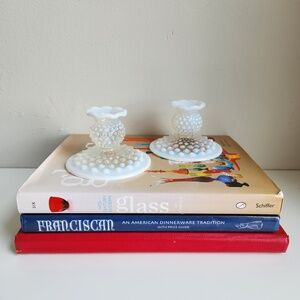 Vintage Fenton Moonstone Hobnail Crimped Edge Candle Stick Holders- a Pair